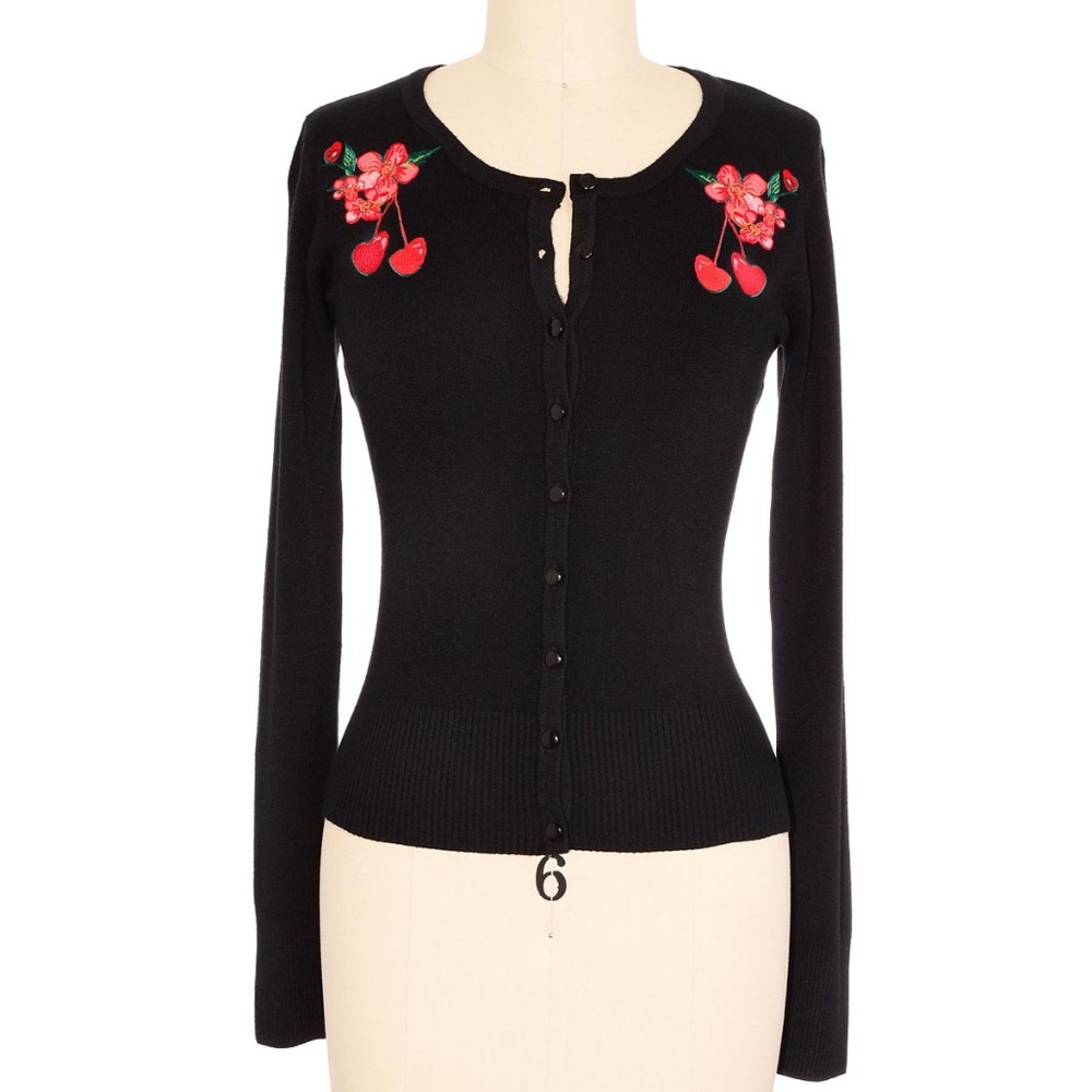 Embroidered Cherries Retro Black Cardigan Sweater - Picture 2 of 5